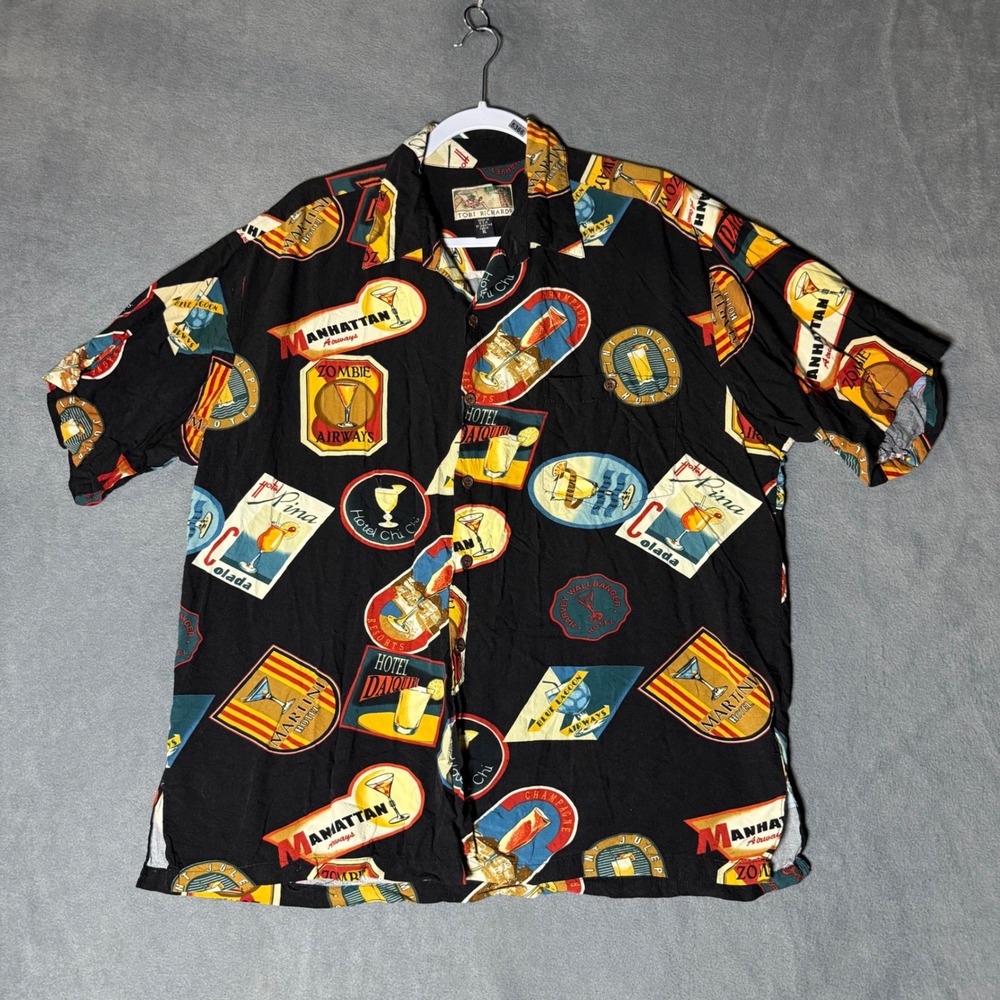 Tori Richard Hawaiian Shirt Mens XL Black Cocktail Martini Tiki Camp Aloha USA